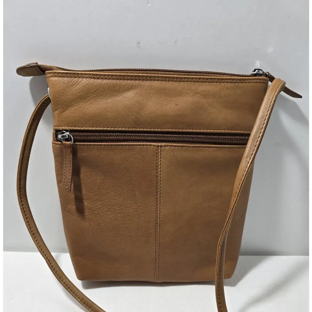 ILI New York Midi Sac Crossbody Saddle Brown Leather Zippers RFID NEW